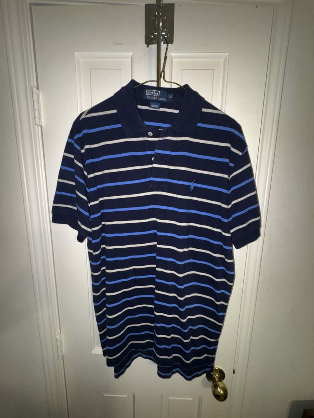 Polo Ralph Lauren Men's Blue, White, and Light Blue Striped Short Sleeve Polo Sh
